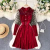 Lady Fashion Perspective Polka-dot Print Gauze Long Sleeve Stitching Retro Velvet Dress Women's Autumn Winter Vestidos Q312 210527