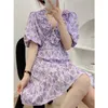 Violet imprimé à volants femme robes été Vintage manches courtes bouffantes fête Mini robe femmes froncées taille Vestidos 210430