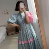 Korea Chic Rękaw Puff Luźne Patchwork Panie Szata Lato Prosta Drukowana Suknia Trendy Odzież Vestido 16F0992 210510