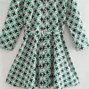 Za Print Belt Green Mini Dress Women Vintage Long Sleeve Shirt Dresses Woman Fashion Front Button Summer Vestidos 210602