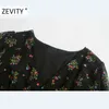 Zevity automne femmes mode col en V imprimé fleuri bureau en mousseline de soie robe mi-longue nouvelles dames Chic à manches longues marque fête Vestido 210325