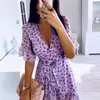 Kadın Elbise Lila Çiçek Wrap Zarif Flare Kollu Boho Baskı Mini Kadın Popüler Moda Chic V Boyun Bayanlar Seksi Elbise 210422