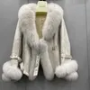 Casaco real de inverno genuíno couro de pele de coelho e jaquetas com gola de pele natural senhoras outwear oversize 211019