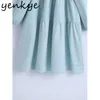 Spring Women Blue Cotton Dress Female Square Neck Long Sleeve Casual Loose Plus Size Mini Vestido 210430