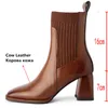 Ladies Ankle Boots 2022 Autumn Winter Concise Genuine Leather Knitting Thick High Heels Basic Casual Shoes