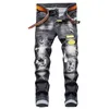 Unique Men Painted Rips Jeans Stretch Black Fashion Designer Slim Fit Washed Motocycle Denim Pants Panelled Hip HopTrousers 1012