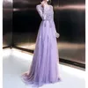 Robe de soirée violet clair manches trois-quarts dos à lacets tulle dentelle robes de bal appliques florales avec perles paillettes