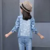 Abbigliamento per bambini Completi per ragazze in fiore di pizzo Giacca di jeans + Tuta di jeans Primavera Autunno 210527