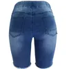 Summer Distressed Bermuda Denim jeans Shorts Women Knee Length Stretch Short Hole Lace Up High Elastic Waist Blue Capris6132569