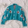 Estilo Preppy Flower Malha Cardigans Camisola Mulheres V Pescoço Loose Elegaht Espessado Pull Femme Imprimir casaco casual curto 46565 210812