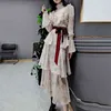 TWOTWINSTYLE Chiffon Printed Floral Dress For Women Stand Collar Flare Sleeve High Waist Lace Up Midi Dresses Female Fashion 210517