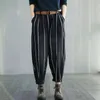 Spring Arts Style Women Loose Casual Striped Cotton Denim Ankle-length Pants Elastic Waist Harem Jeans W290 210512