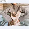 Zevity Женщины High Street Turtleneck Воротник сплошной свободный вязальный свитер Женский с длинным рукавом Chic Pullovers Осенние Wrap Tops S484 210914