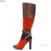 Boots Fashion Women Knee High Square Heels Pointed Toe Gorgeous Red Brown Party Shoes US Size 4-12