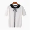 Hlbcbg nya kvinnor stickad sommar rand t shirt bowtie preppy stil student söt topp tee shirt kort ärm tshirt kvinnlig 210322