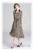 Höstkvinna Leopard Print Runway Shirt A-Line Klänningar Med Bälte Kontor Lady Långärmad Party Dress Femme Robe 210520