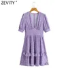 Zevity Women Sweet Pleats Ruffles Polka Dots Print Slim Dress Female Chic V Neck Puff Sleeve Casual Kimono Mini Vestido DS8169 210603