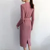 Autumn Winter Lace-up Knitted Dress Women's Halter Neck Long Sleeved Slim Over Knee Bag Hip Back Split Sweater Fashion 210520