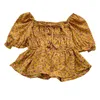 Summer Sweet Wild Floral Printed Fold Tie Bow Short Chiffon Shirt Women 210507