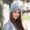 Winter Warm Rabbit Fur Beanie Hats For Women Knitted Solid Cute Bonnet Ladies Casual Skullies Hat Korean Black hat Y21111