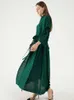 Miyake pleated long petal sleeve dress lapel cardigan Sashes plus size high long green dress winter women aesthetic clothes 210730