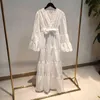 TWOTWINSTYLE Lace White Dress For Women V Neck Flare Sleeve High Waist Bowknot Elegant Dresses Female Fashion Clothing 210517