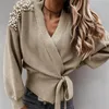 Fashion Women Ladies Long Sleeve V-neck Bowknot Pearl Pure Colors Waist Knitted Lace-Up Cardigan Sweater Casual Pullover Tops#g3 Women's Swe