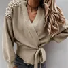 Mode Femmes Dames À Manches Longues Col En V Bowknot Perle Couleurs Pures Taille Tricoté À Lacets Cardigan Pull Casual Pull Tops # g3 Femmes Swe