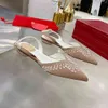 Rene Cavilla 섹시한 여성 하이힐 샌들 디자이너 크리스탈 다이아몬드 럭셔리 브랜드 금속 편지 버클 Womens Pointed Toe Sandal Slingback 7.5cm