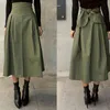 Frühlingshoch Taille Slim Röcke Frauen koreanische modische modische Farbe große Schwungrock Ladies Armee Long Jupe 210510
