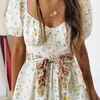 Lace up vintage gul sommar maxi klänning kvinnor kortärmad blommig tryck boho semester fransk stil lång mantel 210427