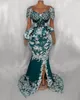 Teal Blue Mermaidイブニングドレス2022 Sher O-Neckレースアップリケクリスタル阿蘇ebiアラビア語アフリカのPROMフォーマルガウンフェムム