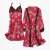 Dames Lachtkleding Vrouwen Satijnen Gewaad Sexy Sexy Kant Nachterij Suit Bloemen Print 2 Stks Vrouwelijke Slaap V-hals Kimono Toga Thuis Kleding