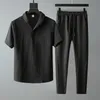 Vêtements de jogging hommes été coton lin décontracté deux pièces ensemble taille élastique pantalons longs à manches courtes hauts à l'extérieur Joggers Tracksui4026319