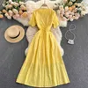 Women Fashion Sexy V-neck Single Breasted Slim Embroidery Hollow Out Holiday A-line Dress Summer Short Sleeve Vestidos S162 210527