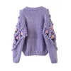 Alta calidad pesado hecho a mano crochet punto cardigan púrpura o cuello soplo manga suéter chaqueta bordado jacquard jumpers corea 210610