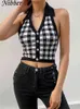 Nibber Crop Top Дамы повседневной повседневной улицы Повесить шею Без спинки тонкий дизайн верхняя полоса вязание 2022 новая весенняя женщина Y220304