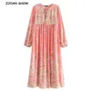 BOHO Lacing up V neck Location Pteris flower Print Long Dress Pink Ethnic WomanTassel Strappy Sleeve Holiday Dresses Beach 210429