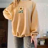 Women's Sweatshirt With Flower Print O-Neck Autumn Winter Female Casual Cute Yellow Clothes Woman Hoodies Loose Pullover 211104