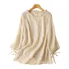 Arrivo Primavera Arts Style Donna Manica lunga Maglietta allentata Plus Size Vintage Ricamo Cotone Lino Tee Shirt Femme Top D350 210512