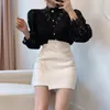 Hollow Out Flower Lace Patchwork Shirt Stand Collar All-Match Femme Blusas Petal Sleeve Kvinnor Blus Chic Button White Top 210506