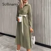 Sollinarry High street lace up split vrouwen jurk herfst Knoppen lange mouwen effen losse maxi jurken Elegant vestido groen 210709