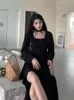 Gothic Dress Women Autumn Elegant Vintage Black Dress Fashion Lace-up Ruffles A-line long sleeve Party Dress Korea Clothing 210521