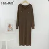 Kvinnor Casual Long Hooded Dresses Solid Ärm Elegant Höst Lös Strikkad Sweater Robe Femme 210508