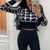 Women's Sweaters Women Sweater 2022 Autumn And Winter Lapel V-neck Long-sleeved Plaid Short Crop Top Black White Knitting Shirt Femme