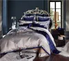 Blue Silver Silk Cotton Satin Jacquard Luxury Chinese Bedding Set Queen King size Bedding Set Bed Sheet/Spread Set Duvet Cover H0913