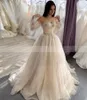 Robe de mariée en tulle champagne clair avec manches longues détachables en dentelle appliques robes de mariée balayage / train de brosse sur mesure