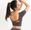 L-037 Yoga Dress Women's Tops Sexig naken Cross Back Exposed Navel Padded BH Kort ärm T-shirt Slim Stretch Sports Fitness Underwear Gymkläder Kvinnor Kvinnor