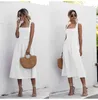 Women Long Dress Summer Sexy Backless Casual White Black Ruched Slip Midi Sundresses 2020 Ladies Spaghetti Strap Vestido Clothes Y0603