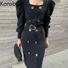 Korobov Korean Chic Temperament Square Collar Exposed Clavicle Double-breasted Decoration Waist Puff Sleeve Dress with Belt 210430